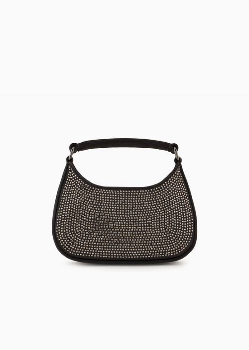 Black Emporio Armani Satin Hobo Mini Bag With Rhinestones | EA-SN57377