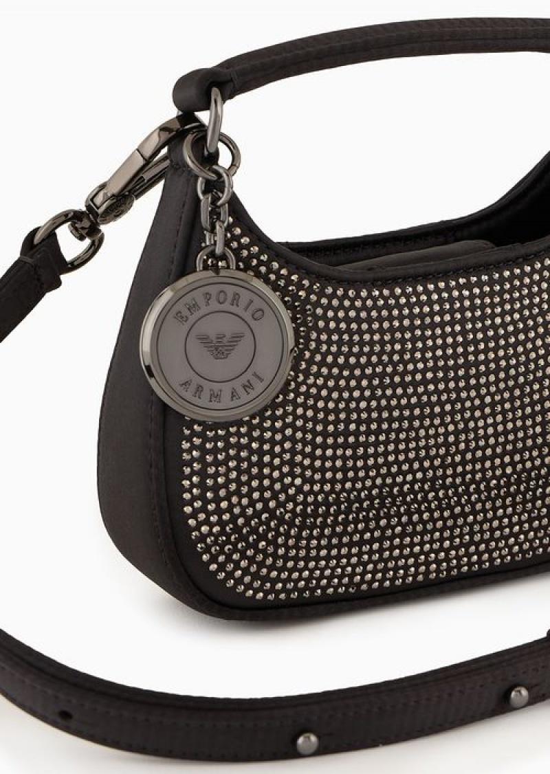 Black Emporio Armani Satin Hobo Mini Bag With Rhinestones | EA-SN57377