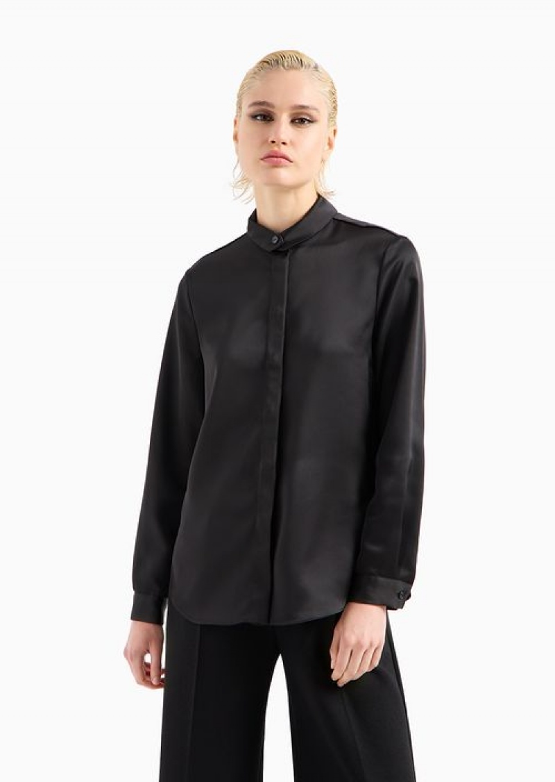 Black Emporio Armani Satin Shirt With A Button At The Neck | EA-SN56935