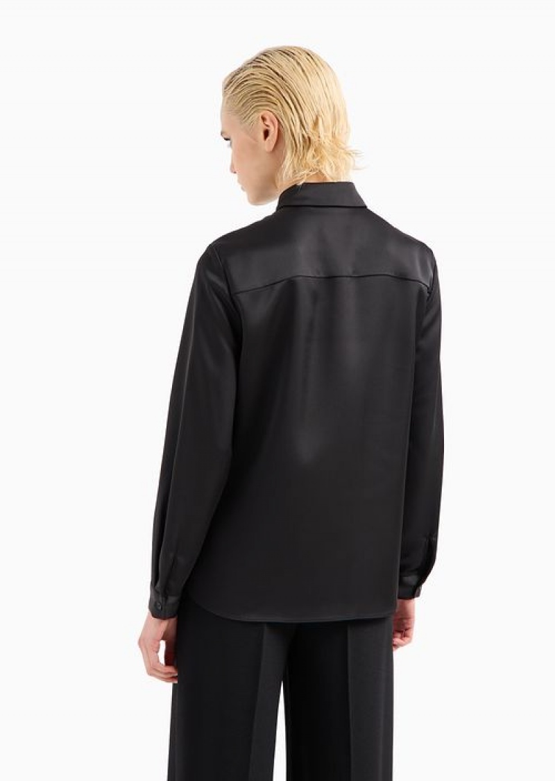 Black Emporio Armani Satin Shirt With A Button At The Neck | EA-SN56935