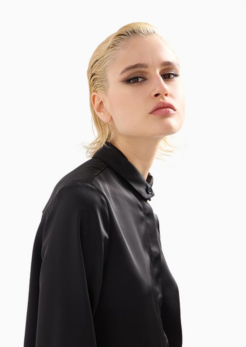 Black Emporio Armani Satin Shirt With A Button At The Neck | EA-SN56935