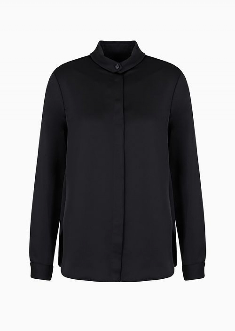 Black Emporio Armani Satin Shirt With A Button At The Neck | EA-SN56935