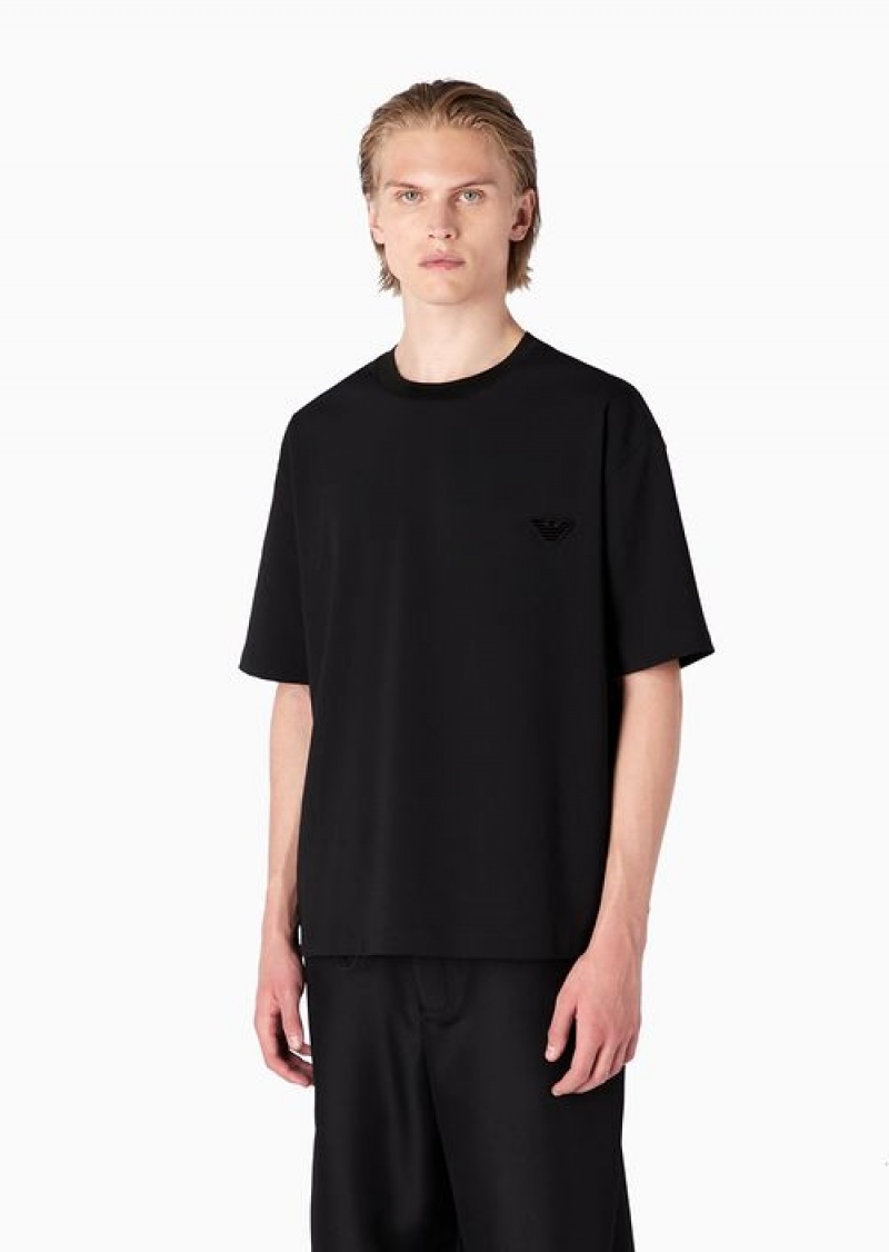 Black Emporio Armani Seersucker T-shirt With Eagle Patch | EA-SN58628