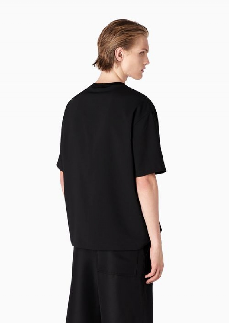 Black Emporio Armani Seersucker T-shirt With Eagle Patch | EA-SN58628