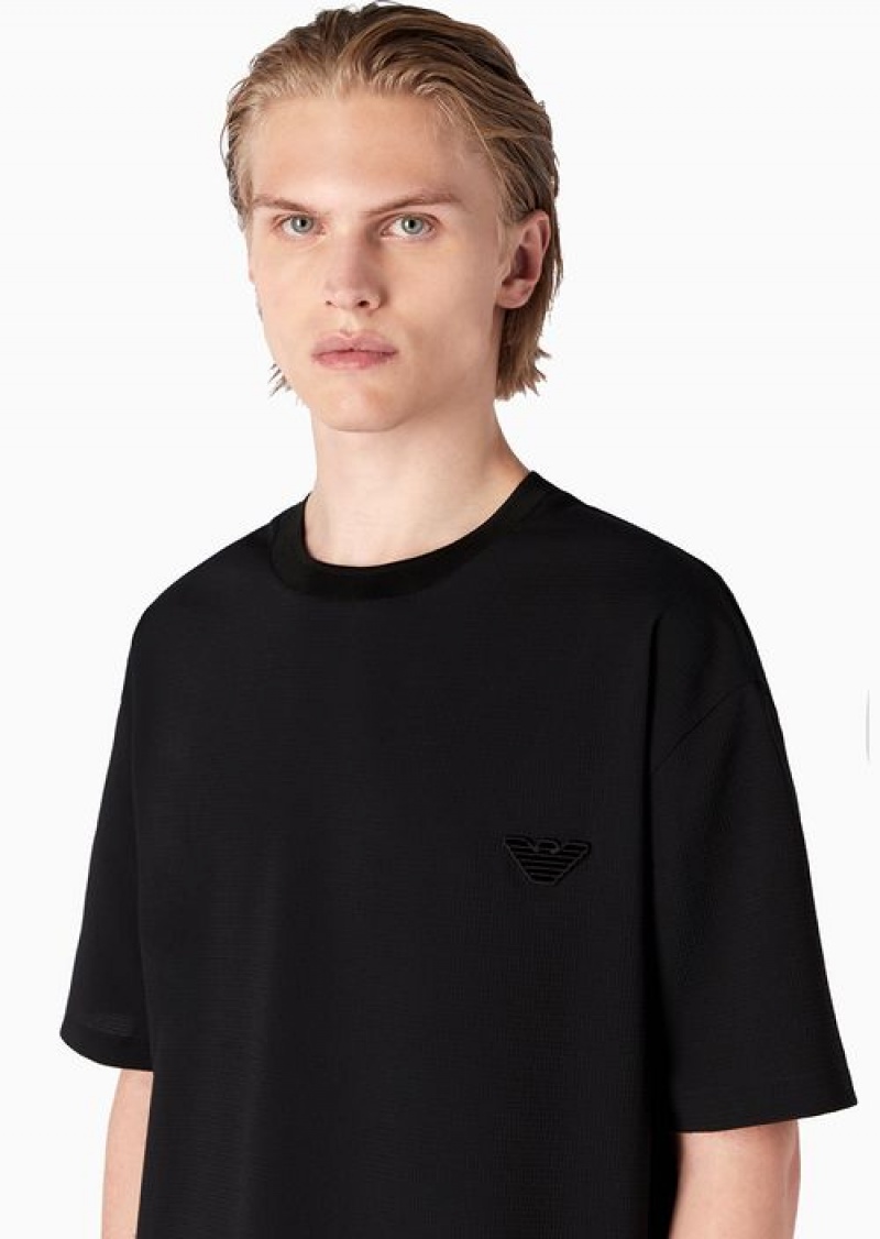 Black Emporio Armani Seersucker T-shirt With Eagle Patch | EA-SN58628