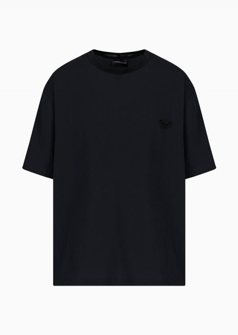 Black Emporio Armani Seersucker T-shirt With Eagle Patch | EA-SN58628