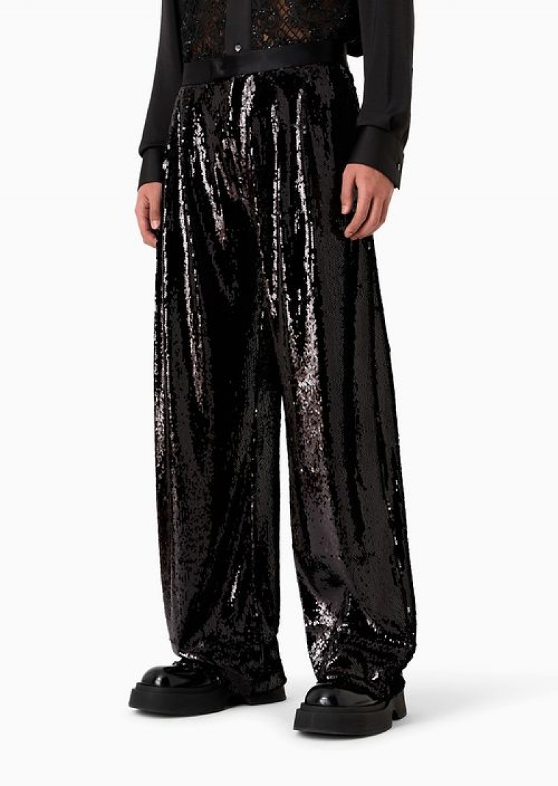 Black Emporio Armani Sequin-covered Trousers With Godet Pleats | EA-SN58279