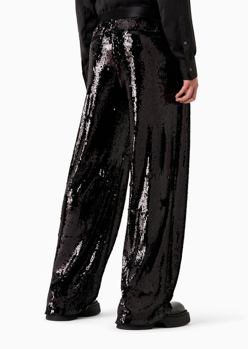 Black Emporio Armani Sequin-covered Trousers With Godet Pleats | EA-SN58279