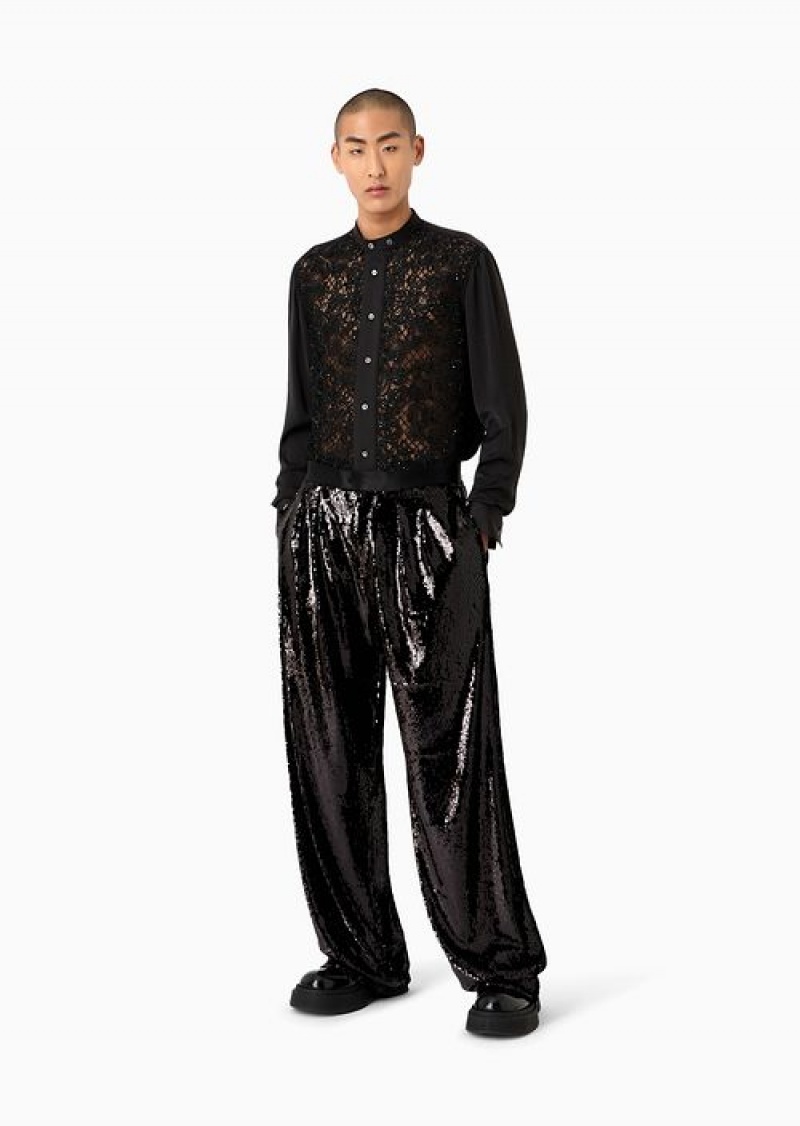 Black Emporio Armani Sequin-covered Trousers With Godet Pleats | EA-SN58279