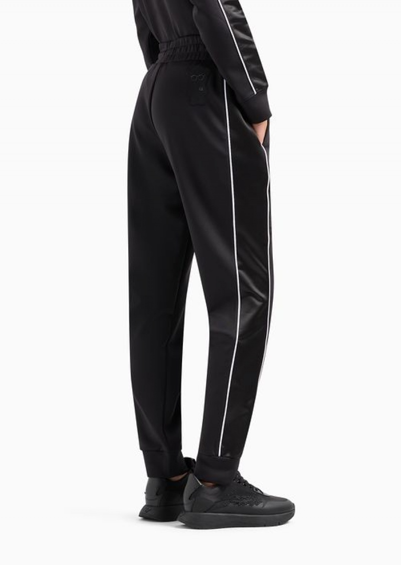 Black Emporio Armani Shiny Interlock Fabric Joggers With Piping And Manga Bear Patch | EA-SN56810