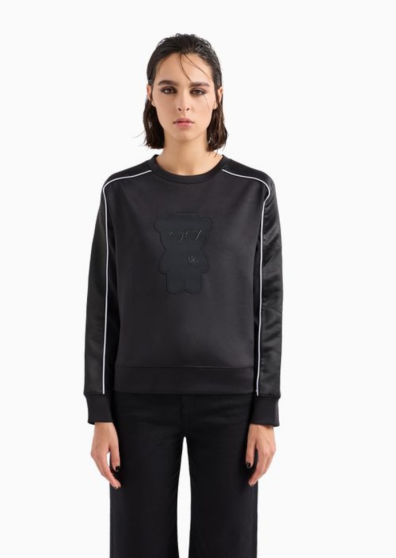 Black Emporio Armani Shiny Interlock Fabric Sweatshirt With Piping And Oversized Manga Bear Patch | EA-SN56990