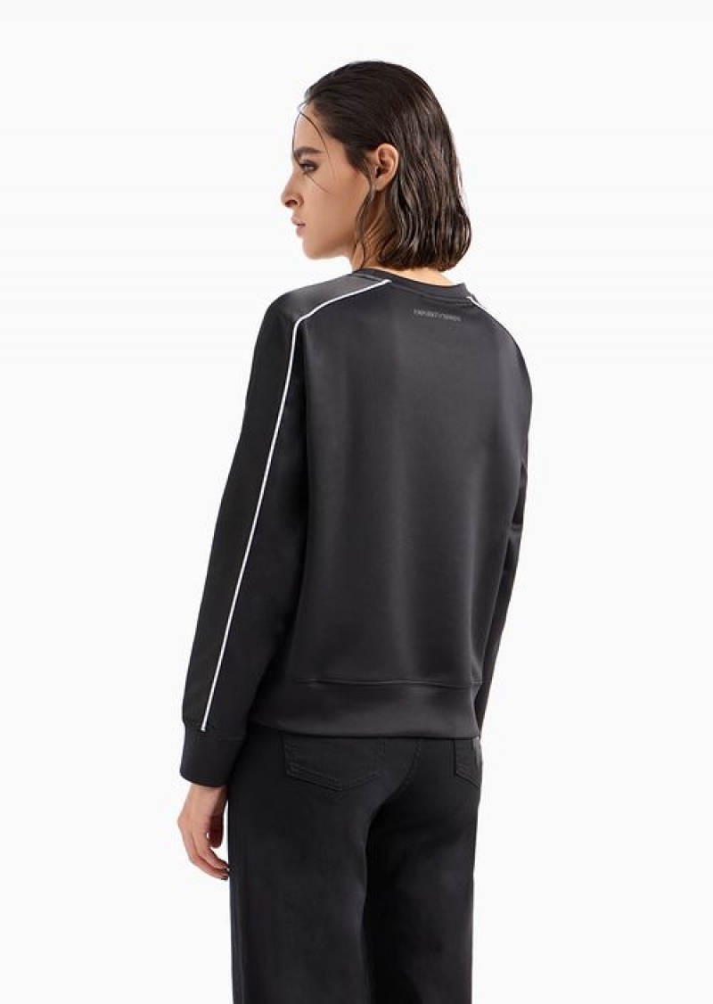 Black Emporio Armani Shiny Interlock Fabric Sweatshirt With Piping And Oversized Manga Bear Patch | EA-SN56990