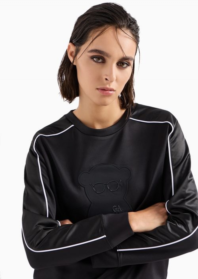 Black Emporio Armani Shiny Interlock Fabric Sweatshirt With Piping And Oversized Manga Bear Patch | EA-SN56990