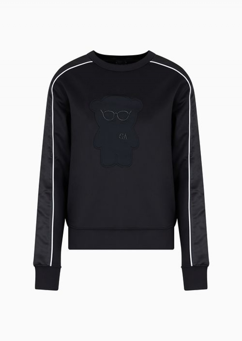 Black Emporio Armani Shiny Interlock Fabric Sweatshirt With Piping And Oversized Manga Bear Patch | EA-SN56990