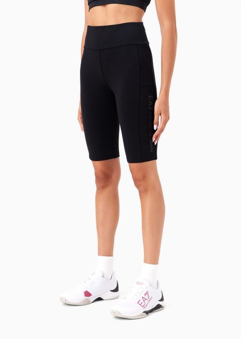 Black Emporio Armani Shiny Stretch-cotton Cycling Leggings | EA7-SN59559