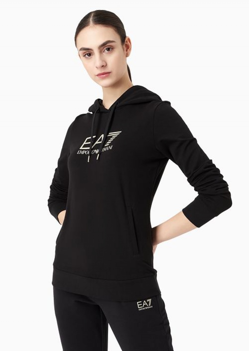 Black Emporio Armani Shiny Stretch-cotton Hooded Sweatshirt | EA7-SN59578