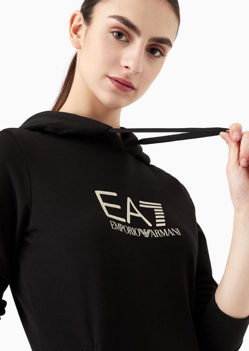 Black Emporio Armani Shiny Stretch-cotton Hooded Sweatshirt | EA7-SN59578