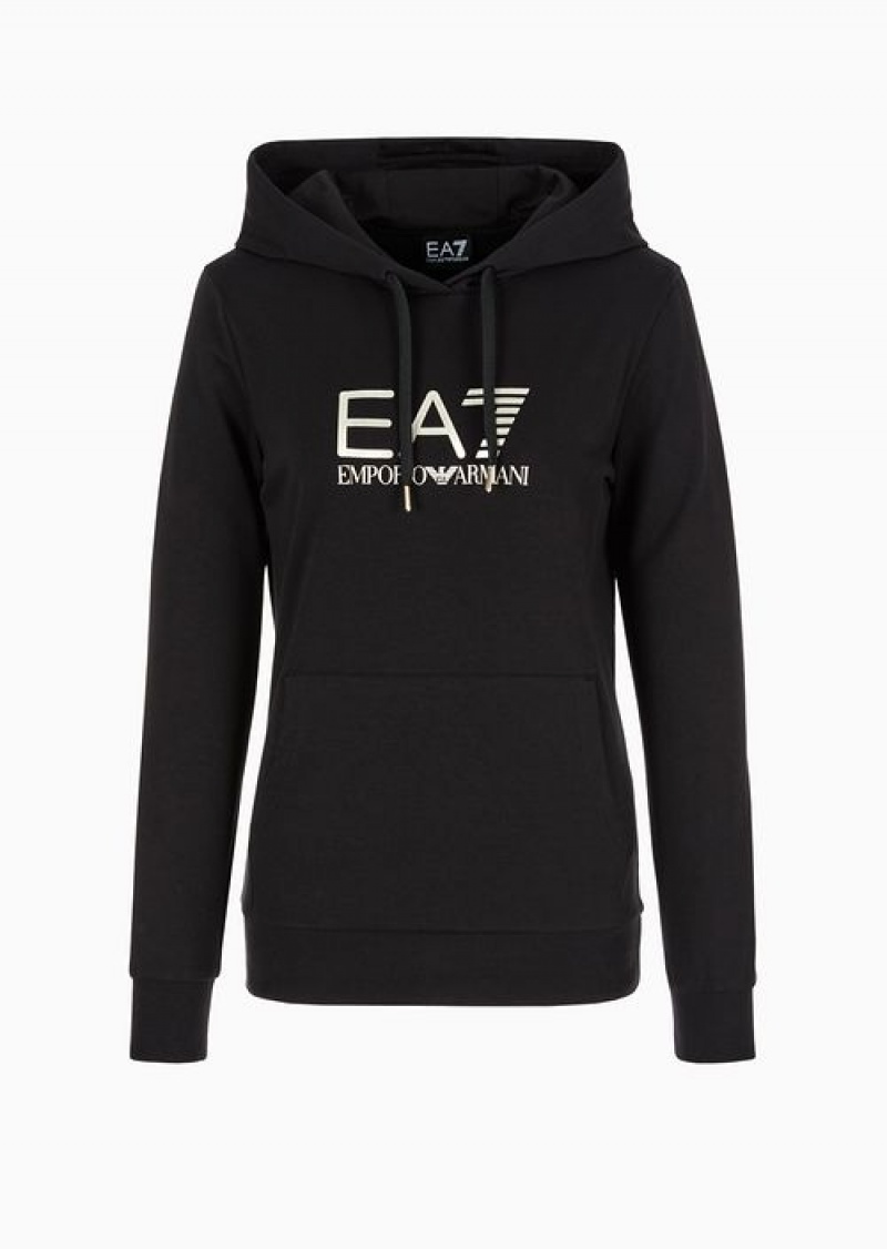 Black Emporio Armani Shiny Stretch-cotton Hooded Sweatshirt | EA7-SN59578