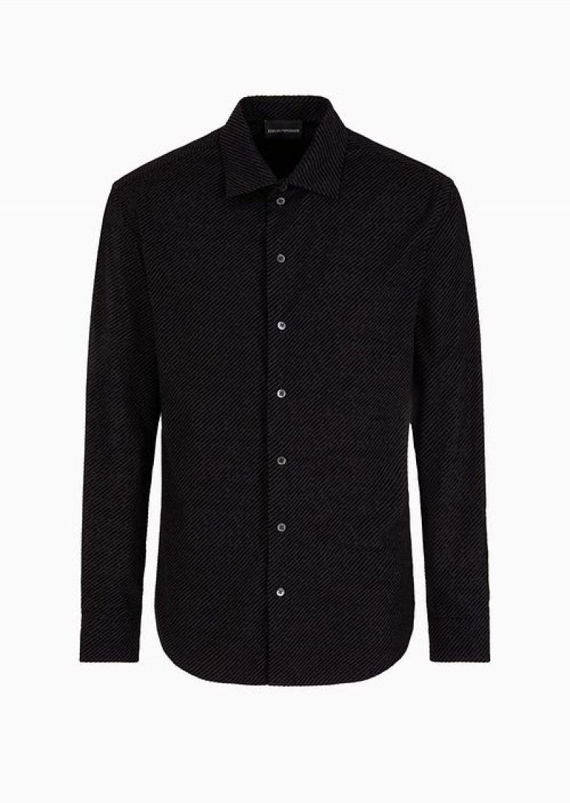 Black Emporio Armani Shirt With All-over Diagonal Flocked Print | EA-SN57910