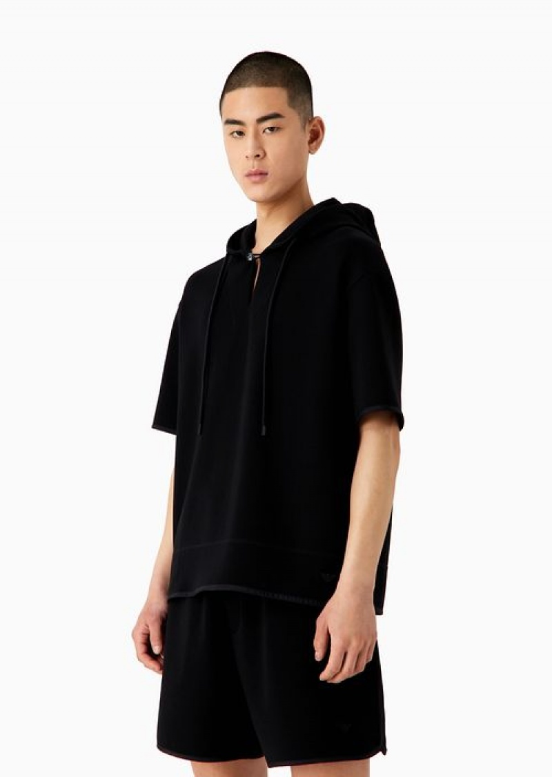 Black Emporio Armani Short-sleeved Double-jersey Hooded Sweatshirt | EA-SN58514