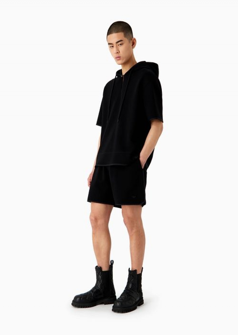 Black Emporio Armani Short-sleeved Double-jersey Hooded Sweatshirt | EA-SN58514