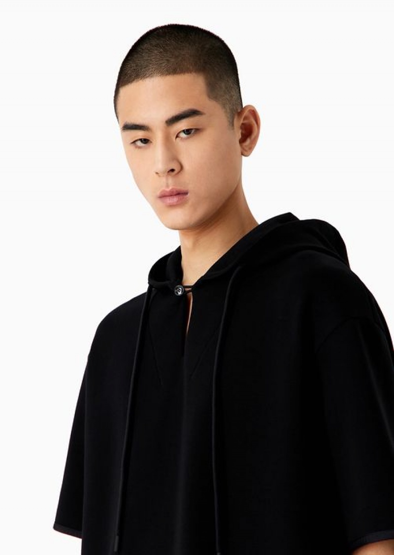 Black Emporio Armani Short-sleeved Double-jersey Hooded Sweatshirt | EA-SN58514