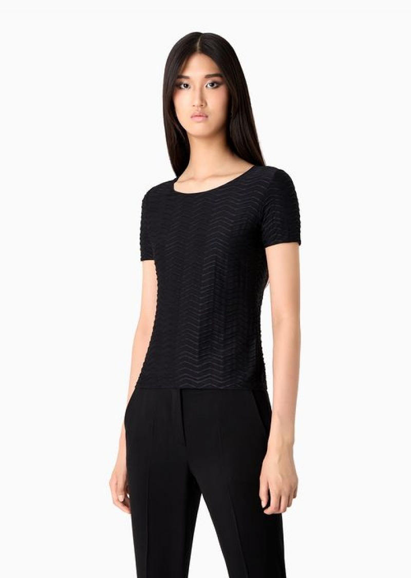 Black Emporio Armani Short-sleeved Jersey Jumper With Embossed Waves Motif | EA-SN57024