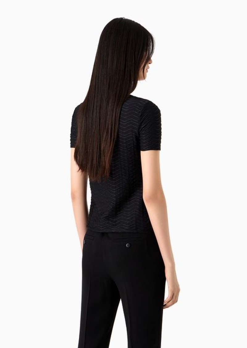 Black Emporio Armani Short-sleeved Jersey Jumper With Embossed Waves Motif | EA-SN57024