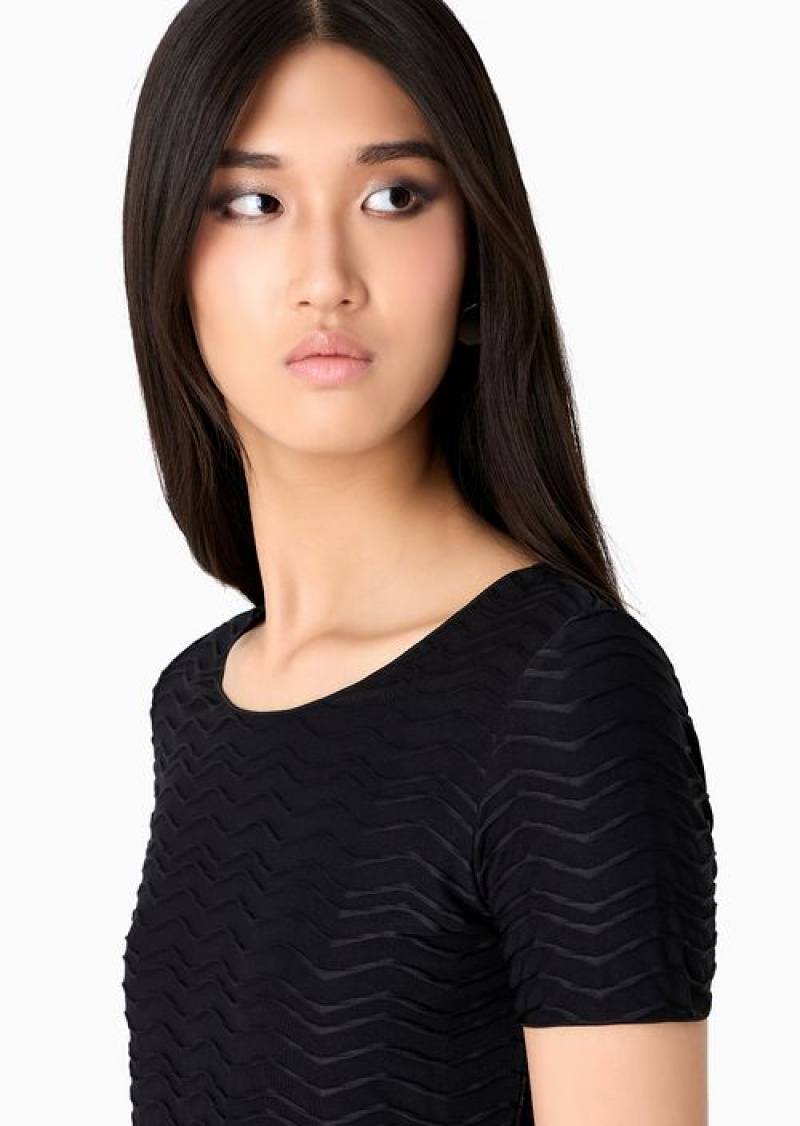 Black Emporio Armani Short-sleeved Jersey Jumper With Embossed Waves Motif | EA-SN57024