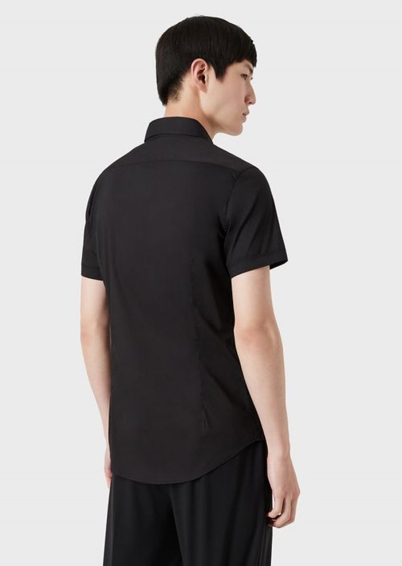 Black Emporio Armani Short-sleeved, Stretch Nylon-blend Shirt | EA-SN57855