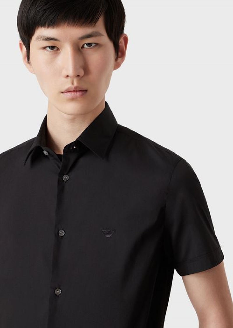 Black Emporio Armani Short-sleeved, Stretch Nylon-blend Shirt | EA-SN57855