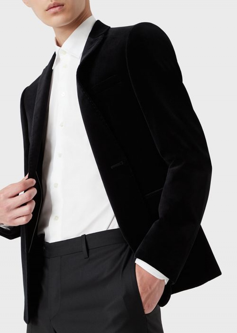 Black Emporio Armani Single-breasted Jacket In Velvet | EA-SN57781