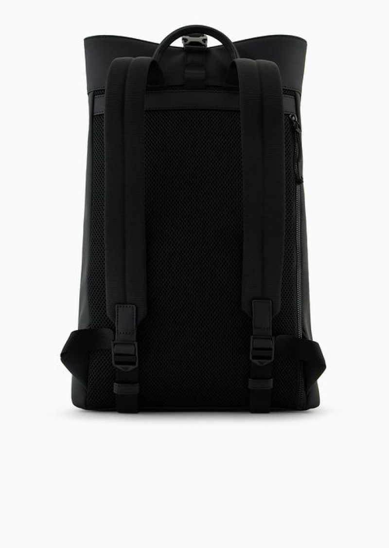 Black Emporio Armani Slim Backpack In Rubberised Material With Oversized Ea Logo | EA-SN59031