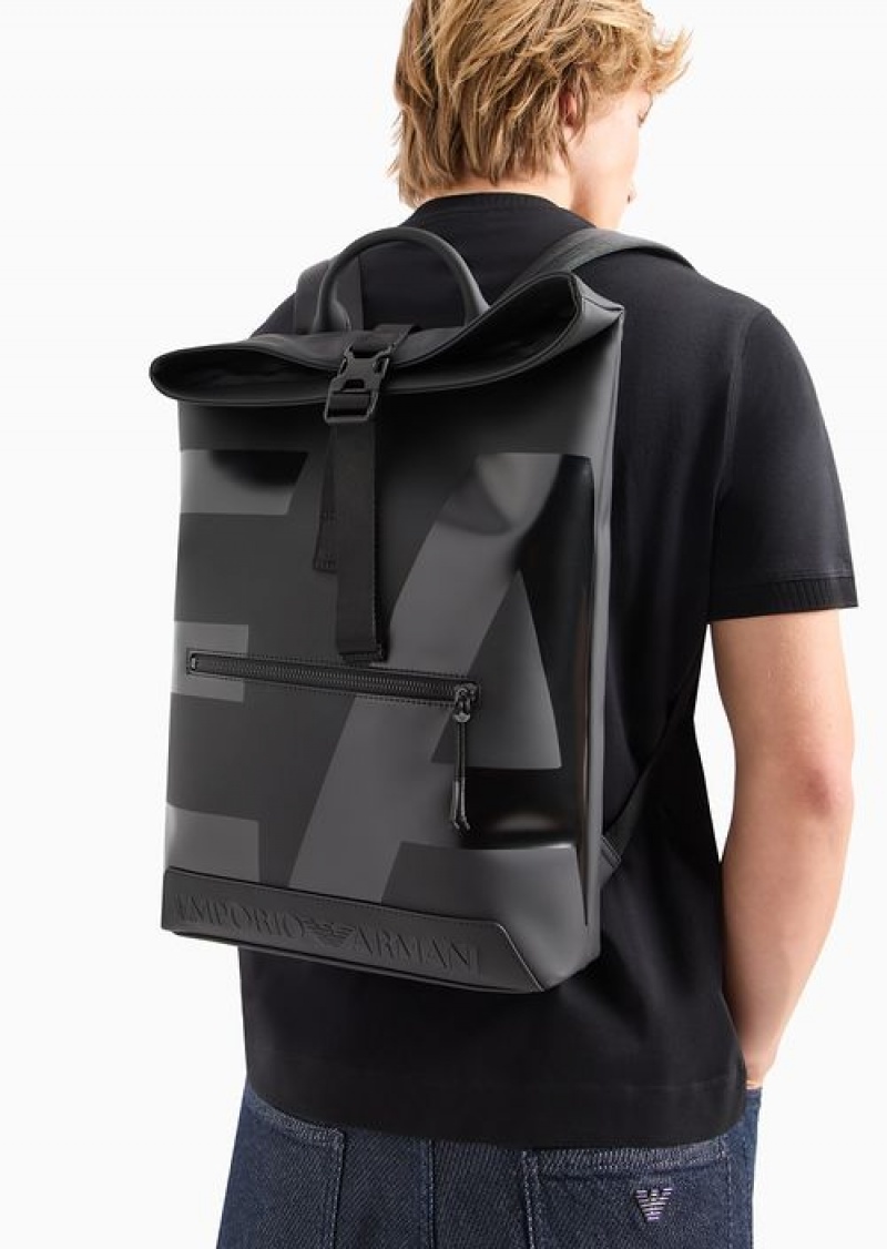 Black Emporio Armani Slim Backpack In Rubberised Material With Oversized Ea Logo | EA-SN59031