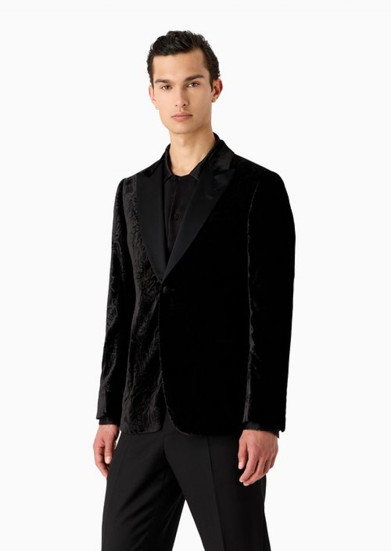 Black Emporio Armani Slim-fit Velvet Tuxedo Jacket With All-over Printed Motif | EA-SN57794