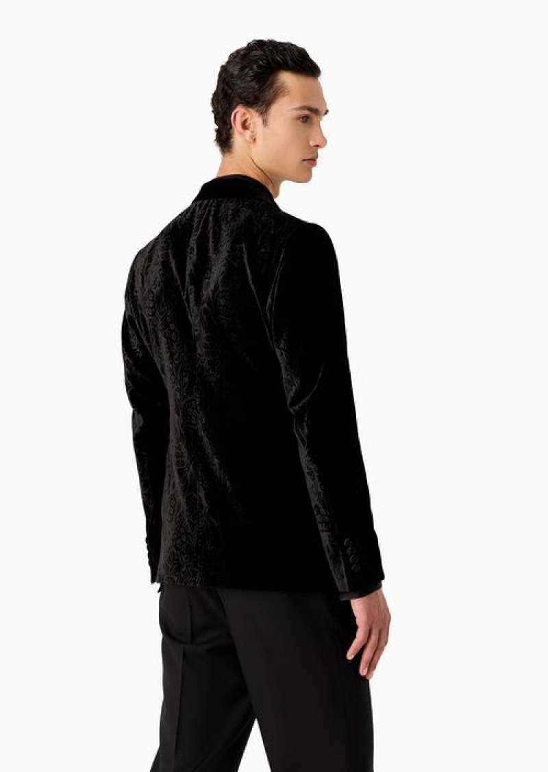 Black Emporio Armani Slim-fit Velvet Tuxedo Jacket With All-over Printed Motif | EA-SN57794