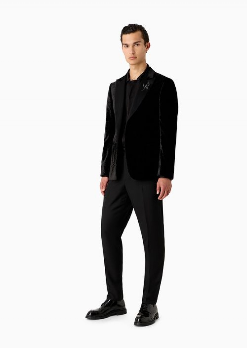 Black Emporio Armani Slim-fit Velvet Tuxedo Jacket With All-over Printed Motif | EA-SN57794