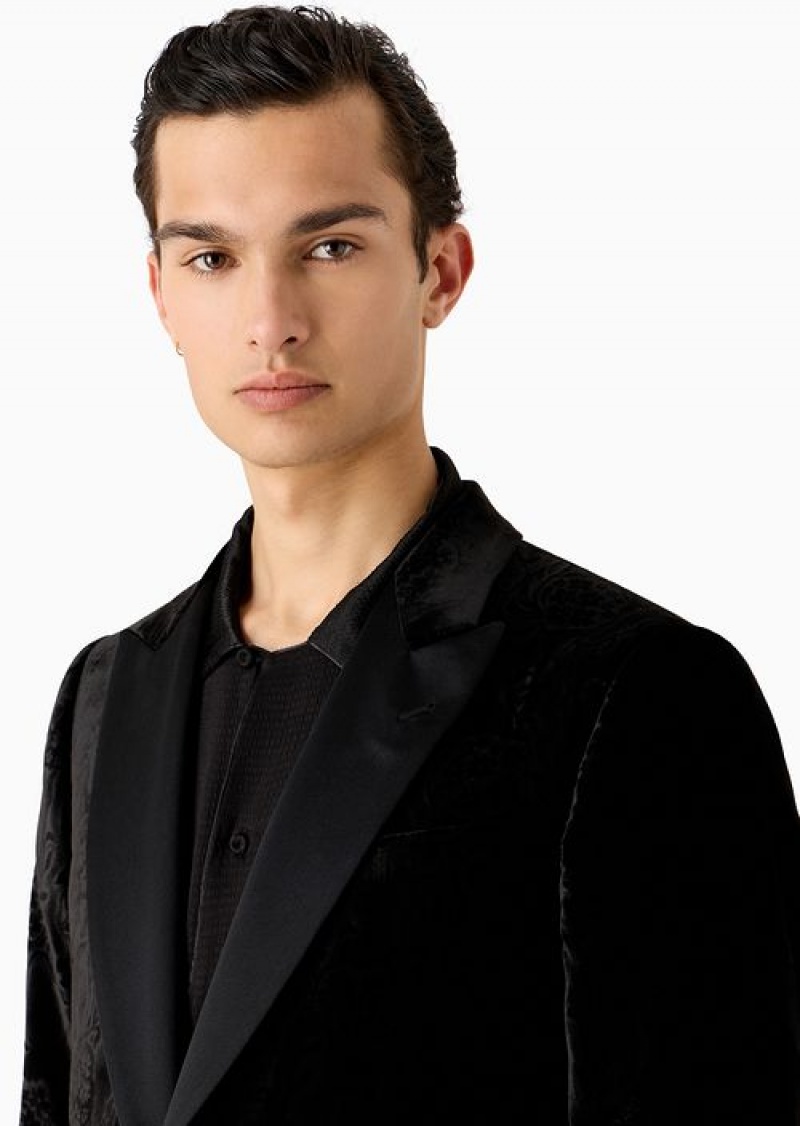 Black Emporio Armani Slim-fit Velvet Tuxedo Jacket With All-over Printed Motif | EA-SN57794