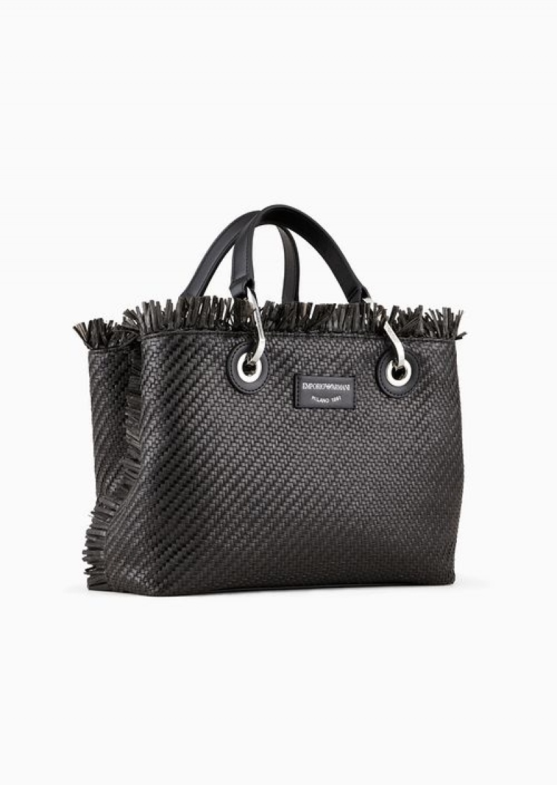 Black Emporio Armani Small Myea Bag Woven Straw Shopper Bag | EA-SN57236