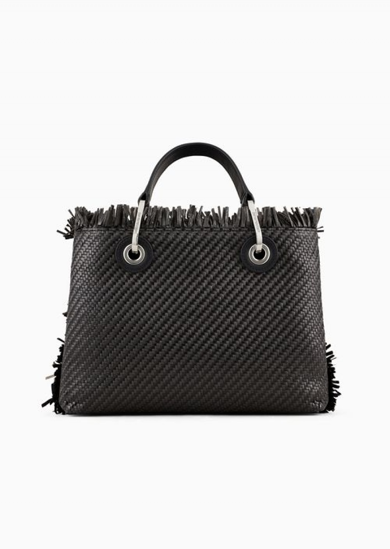 Black Emporio Armani Small Myea Bag Woven Straw Shopper Bag | EA-SN57236