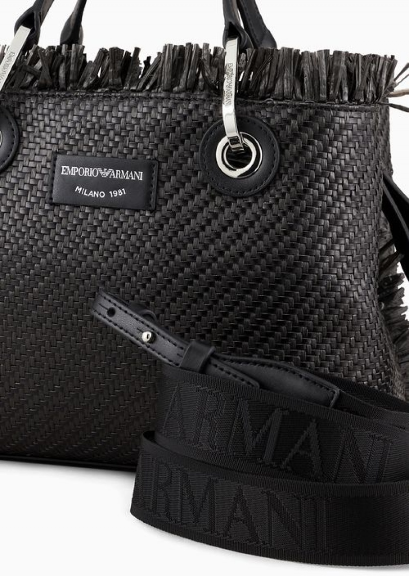 Black Emporio Armani Small Myea Bag Woven Straw Shopper Bag | EA-SN57236