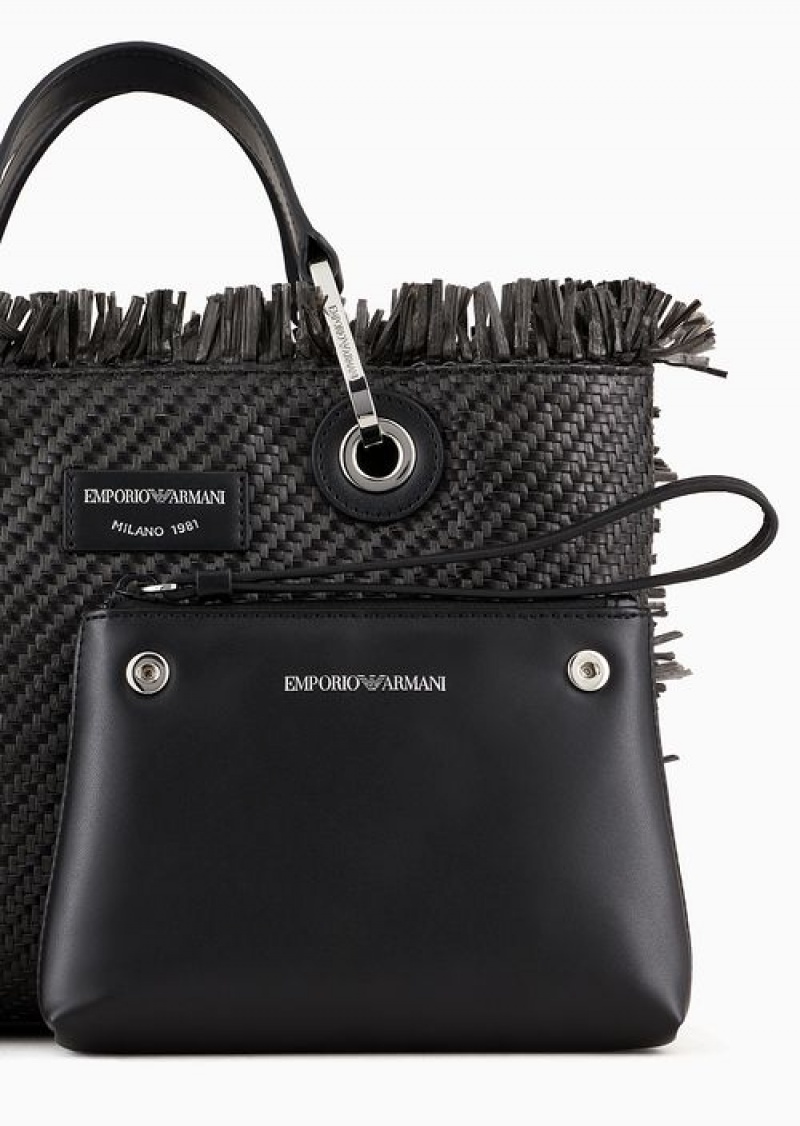 Black Emporio Armani Small Myea Bag Woven Straw Shopper Bag | EA-SN57236