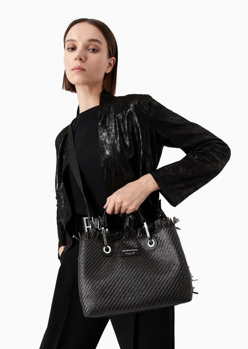 Black Emporio Armani Small Myea Bag Woven Straw Shopper Bag | EA-SN57236