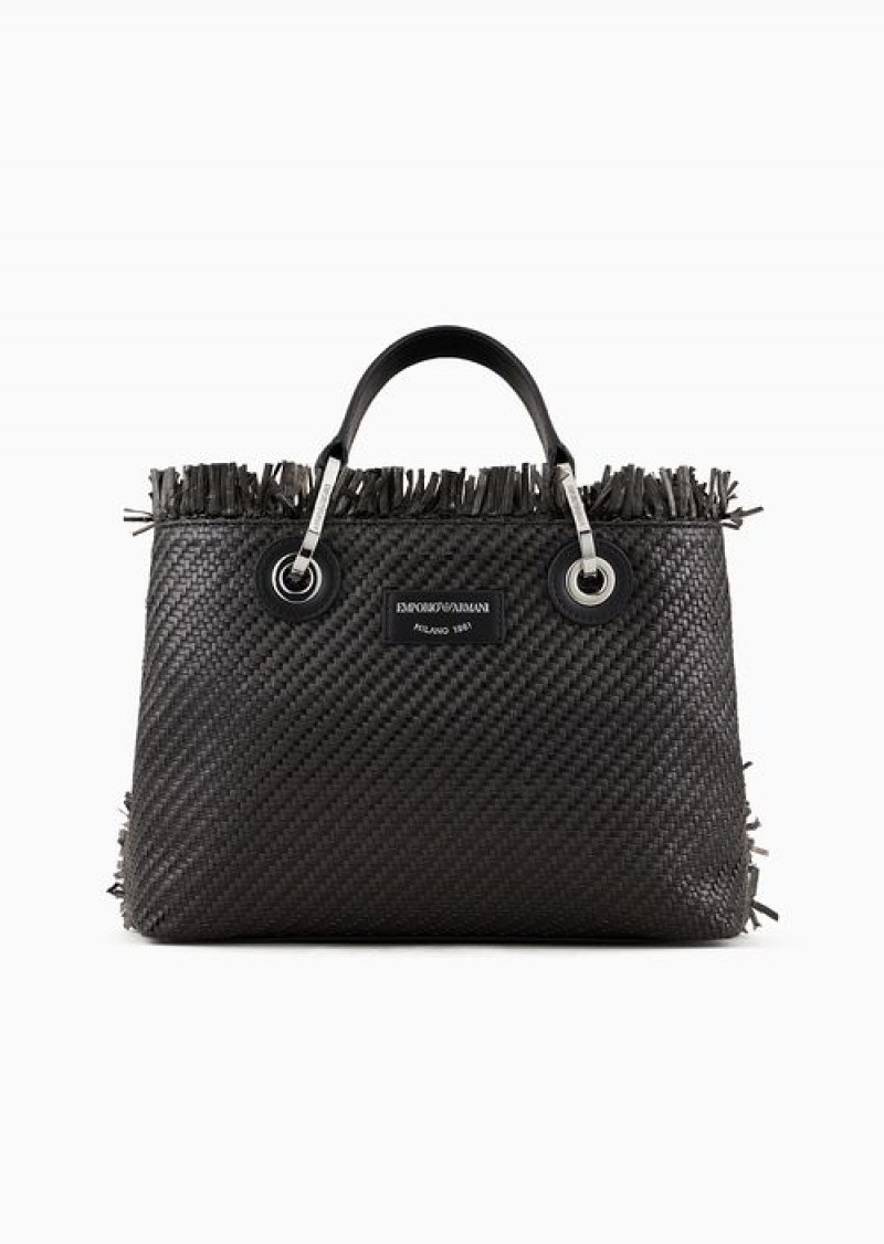 Black Emporio Armani Small Myea Bag Woven Straw Shopper Bag | EA-SN57236