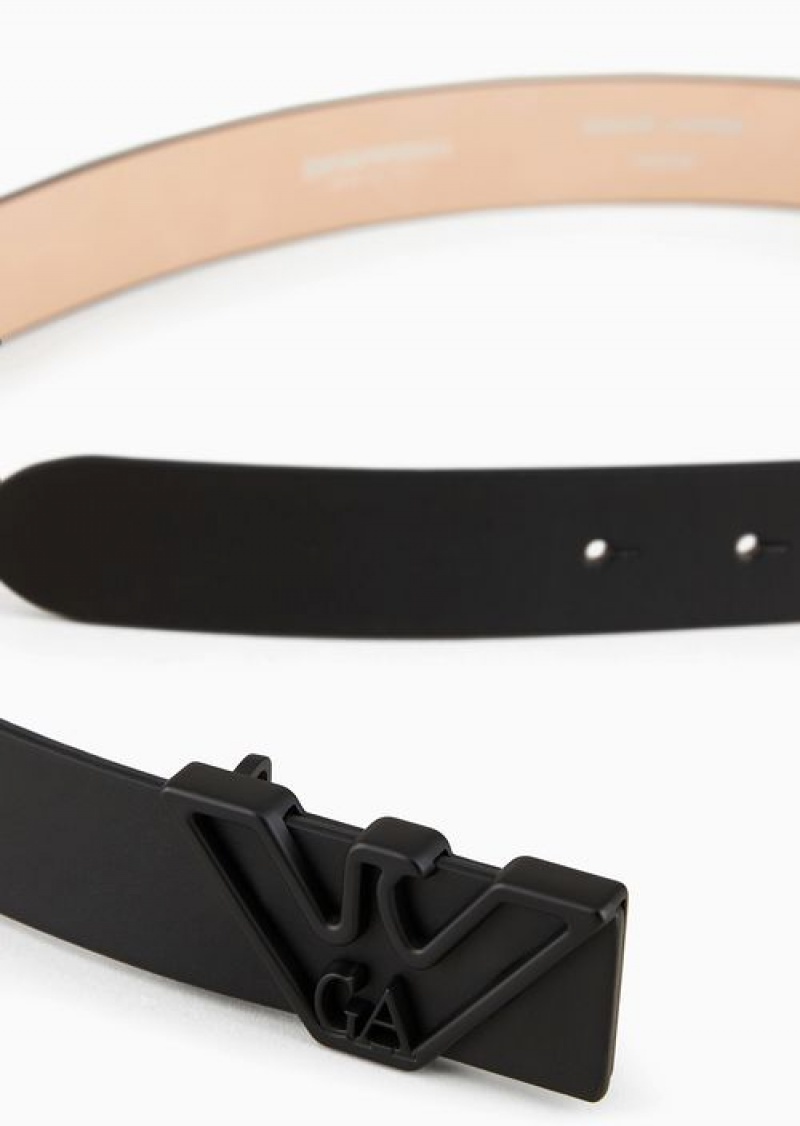 Black Emporio Armani Smooth Leather Belt With Eagle Plate | EA-SN57441