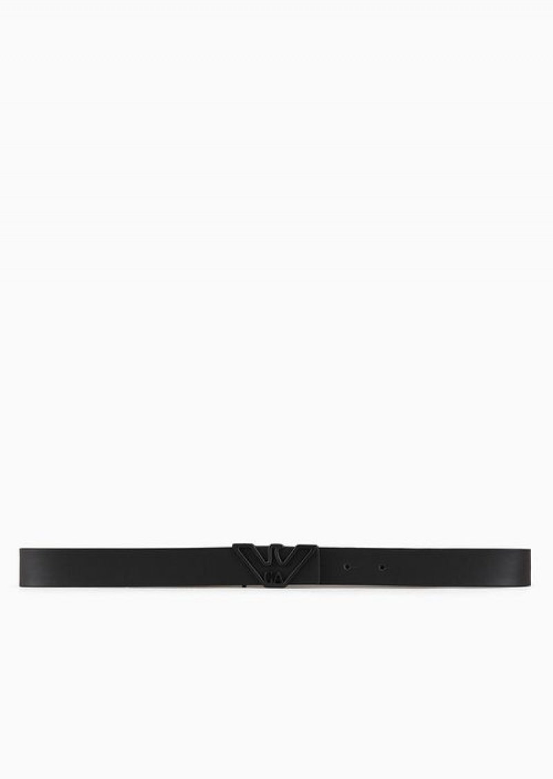 Black Emporio Armani Smooth Leather Belt With Eagle Plate | EA-SN57441