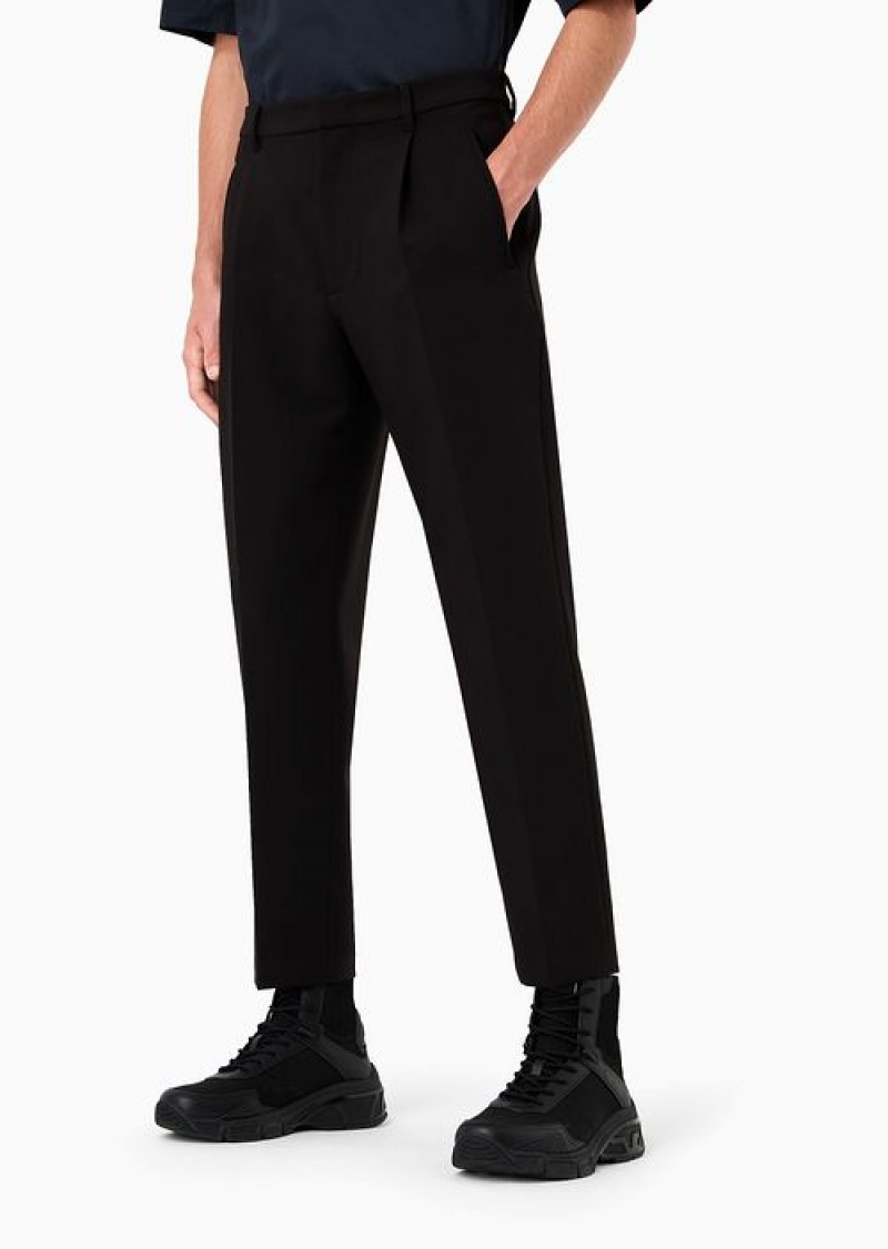 Black Emporio Armani Soft Viscose Blend Trousers With Darts And Welt Pockets | EA-SN58338