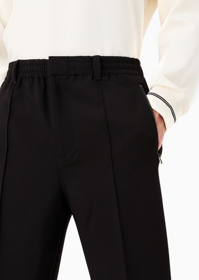 Black Emporio Armani Soft Viscose-blend Trousers With Central Ribs And Elasticated Hem | EA-SN58341