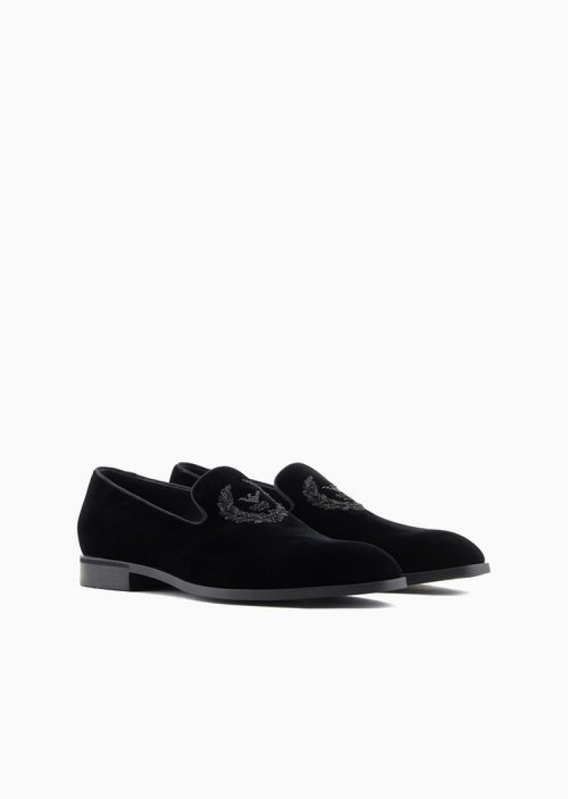 Black Emporio Armani Soho Capsule Collection Velvet Slip-on Loafers With Embroidery | EA-SN58859