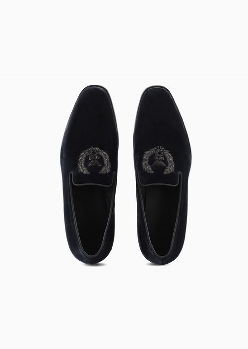 Black Emporio Armani Soho Capsule Collection Velvet Slip-on Loafers With Embroidery | EA-SN58859